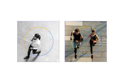 cercles bicolores sur visuel en couleur et noir et blanc