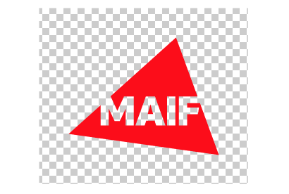Logo MAIF mot MAIF en defonce sur triangle rouge