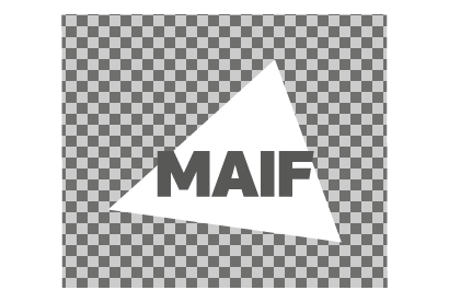 Logo MAIF mot MAIF écrit en noir à 80% sur triangle blanc