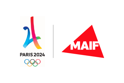 Exemple de cobranding avec logo partenaire Paris 2024 de type haut, un  filet séparateur et le logo MAIF