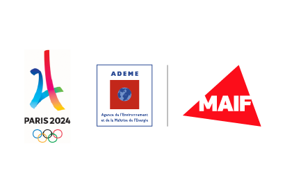 Exemple de cobranding avec logos partenaire Paris 2024 de type haut et ADEME, un  filet séparateur et le logo MAIF