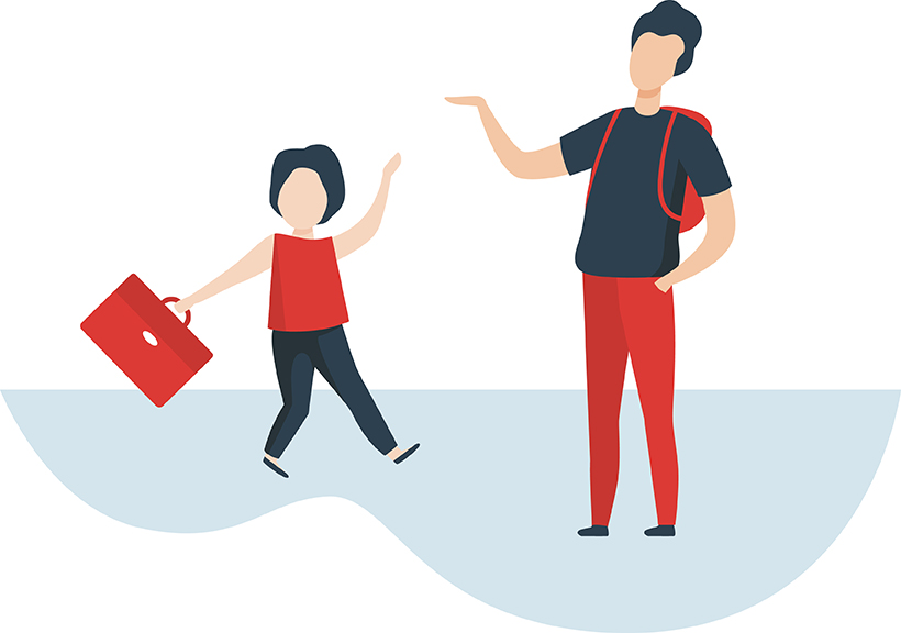 illustration : une fillette avec un cartable et un homme avec un sac à dos