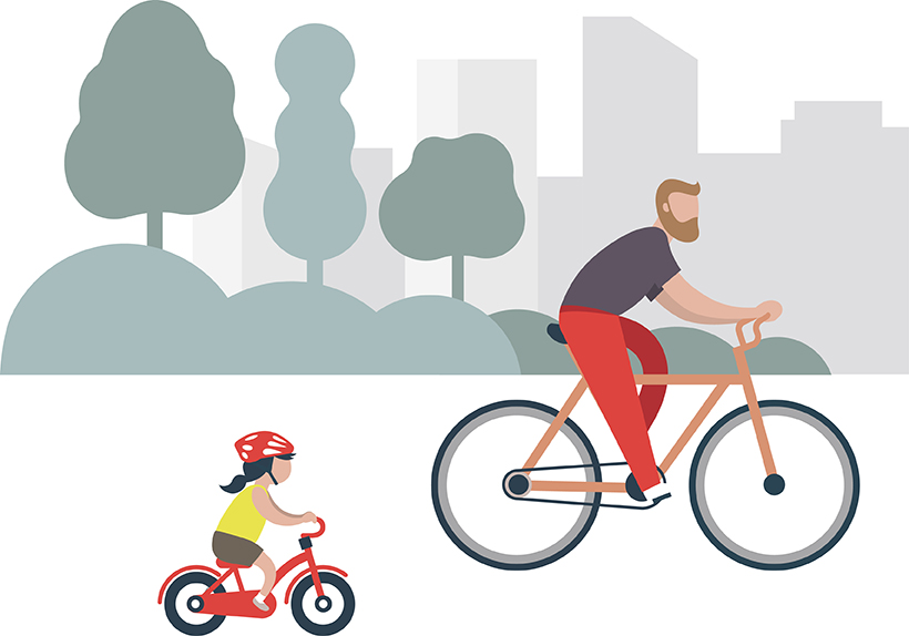 Illustration : une petite fille accompagnée de son papa en vélo dans une zone urbaine