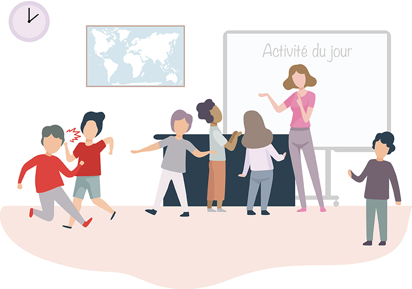 Illustration : salle de classe avec 6 élèves et une maitresse