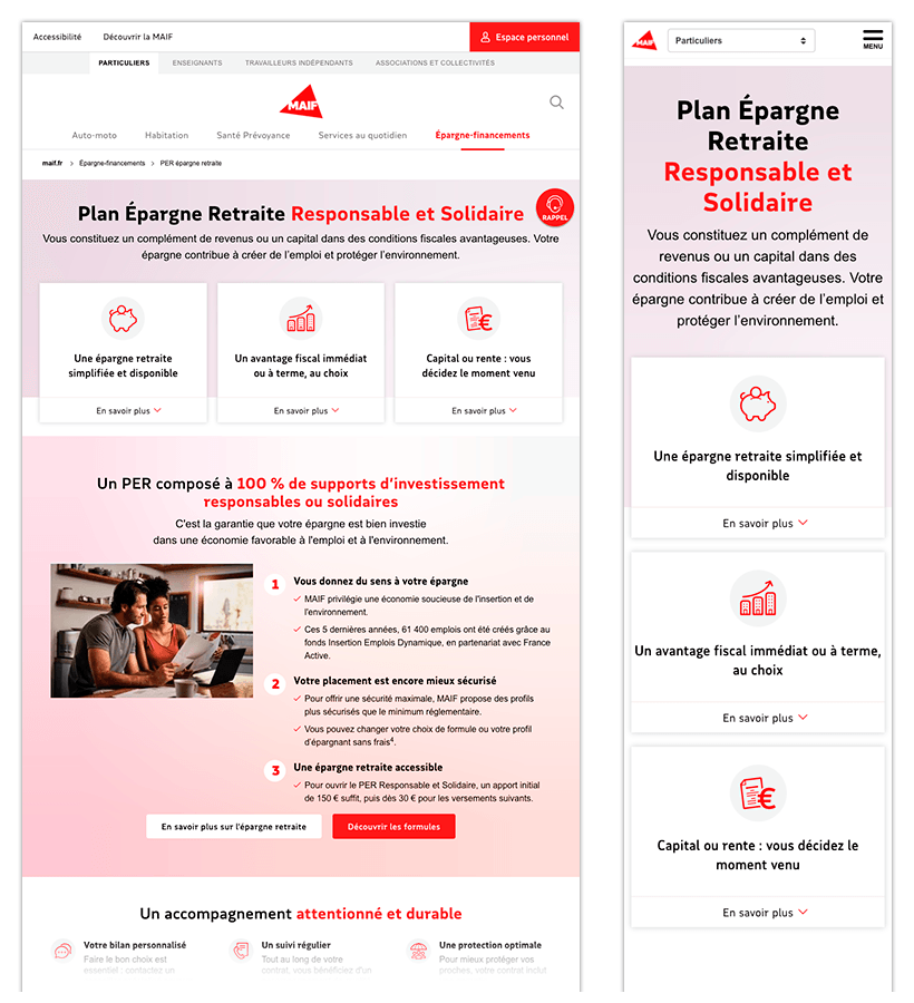 écran de la page Plan Épargne Retraite en version Desktop et Mobile