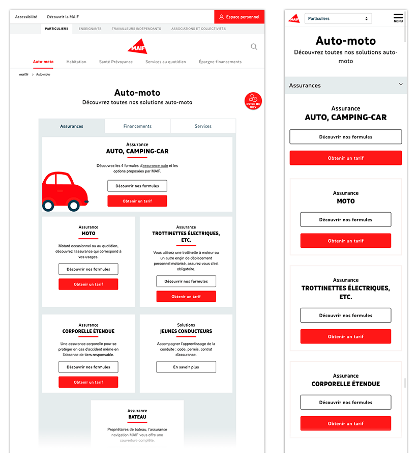 Exemples de la page univers Auto-Moto en desktop et mobile